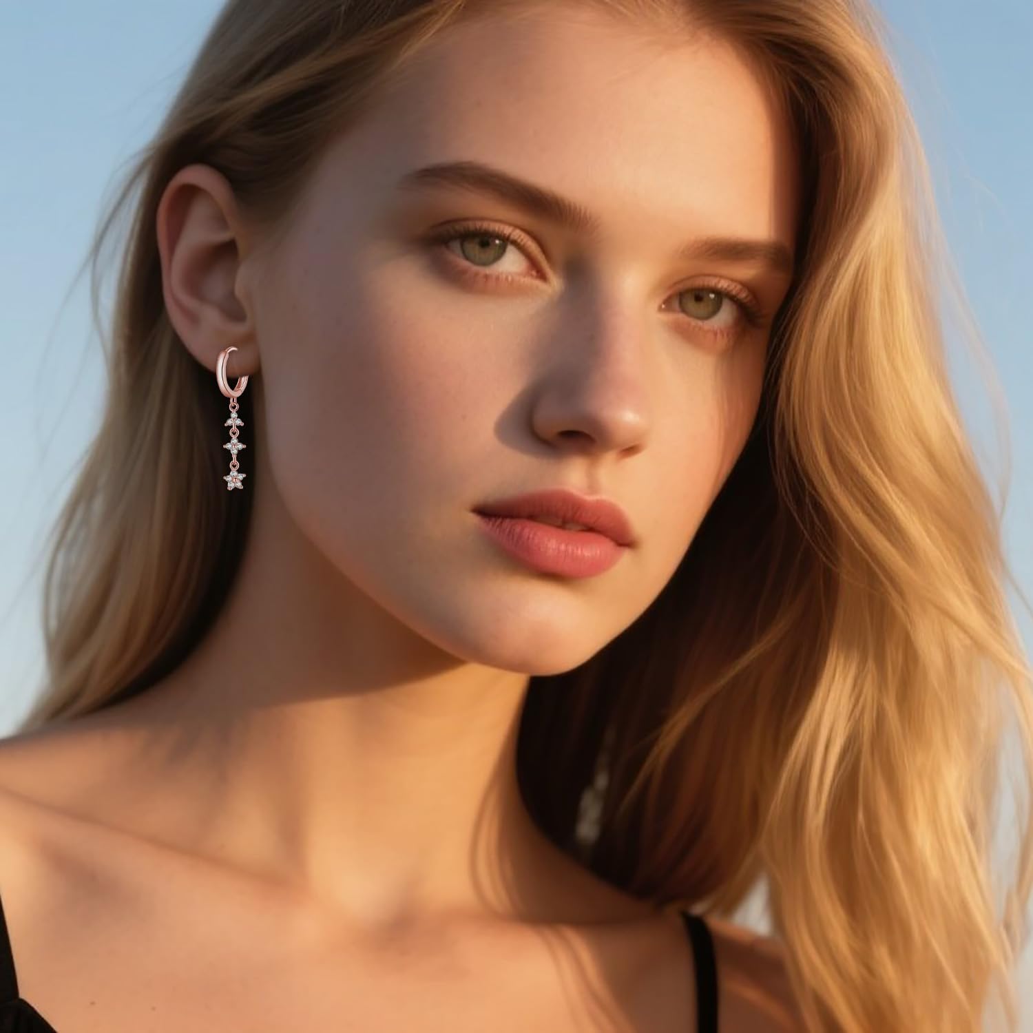 Reffeer Solid 925 Sterling Silver CZ Flower Chain Dangle Earrings for Women Teen Girls Chain Drop Hoop Earrings - Image 3