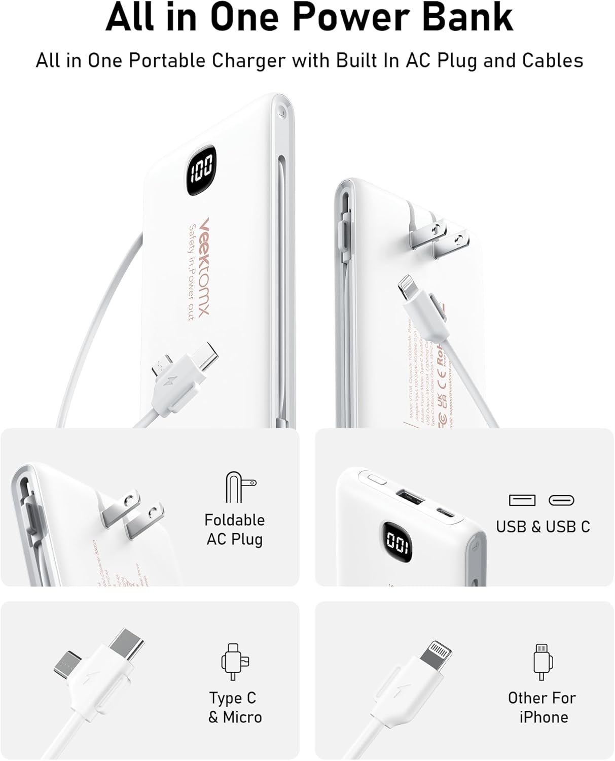 VEEKTOMX Portable Charger with Built in Cables 10000mAh, Power Bank for iPhone with Wall Plug, Travel Essential Fast Charging Slim USB C External Battery Pack for iPhone 17/16/15, Samsung, iPad, etc