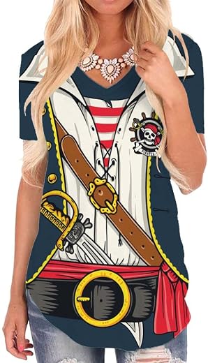 KYKU Pirate Shirt Costume Women V Neck Funny 3D Print Graphics Novelty Clothing