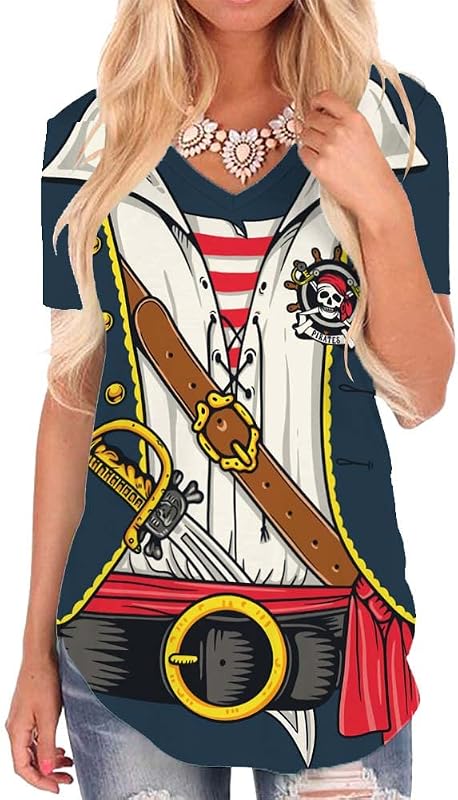KYKU Disfraz de camisa pirata para mujer, cuello en V, divertidos gráficos con impresión 3D, ropa novedosa