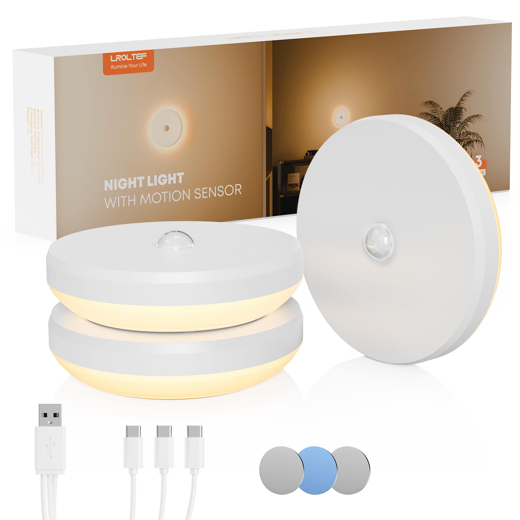 LROLTEF Night Light Backlight with Motion Sensor, 3000K 1200mAh Magnetic Rechargeable Night Lighting for Bedrooms, Stairs, Corridors, Corners | 3 Pieces — image 1