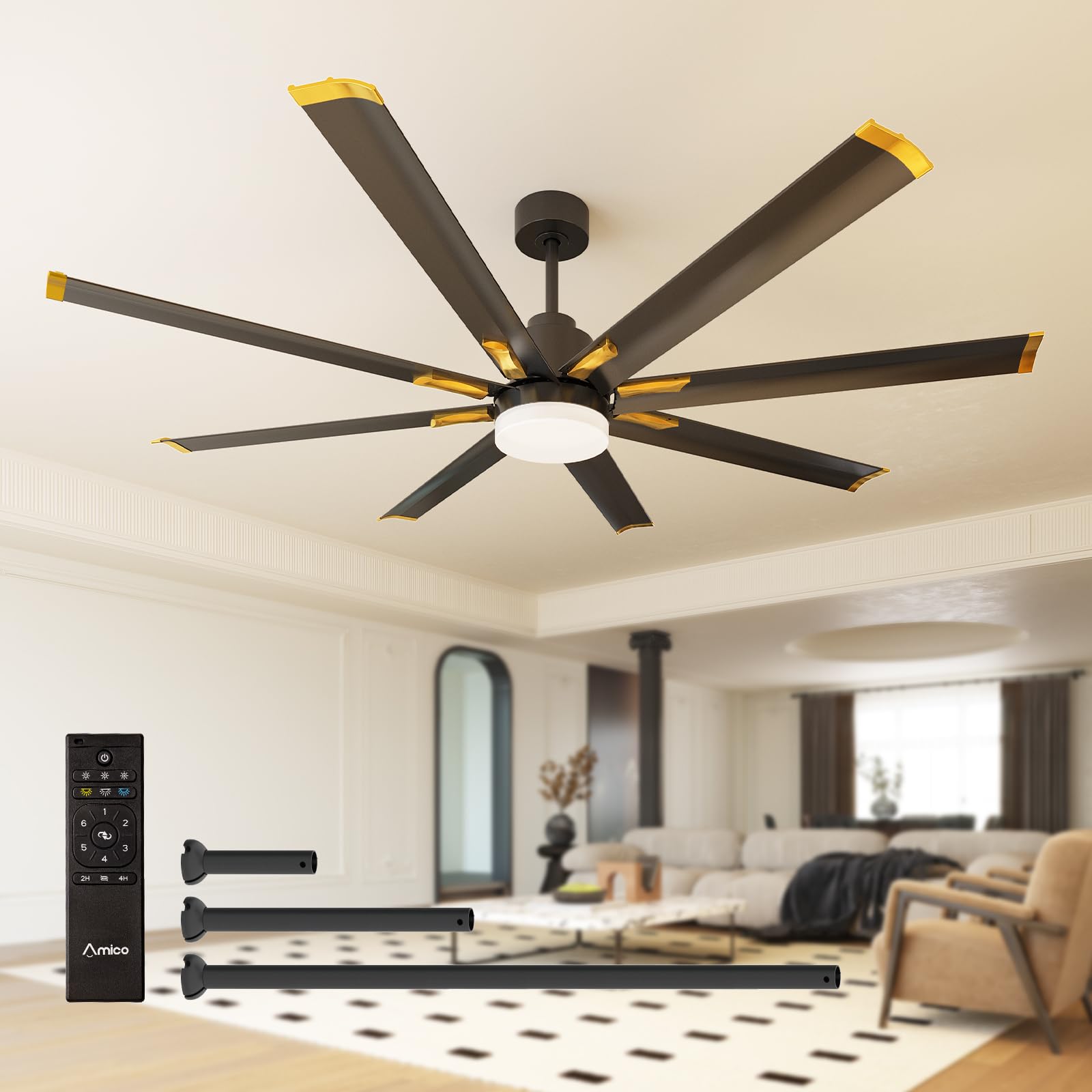 Amico Ceiling Fans with Lights, 72 Inch Indoor/Outdoor Large Industrial Ceiling Fan with Remote Control, Reversible, 8 Aluminum Blades, 3CCT, Dimmable, Damp Rated Black Ceiling Fan for Bedroom Patio
