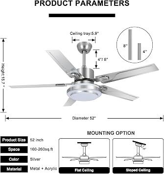 52 inch Outdoor Ceiling Fan Light with Remote Control | Ceiling Fan with 5 Reversible Stainless Steel Blades, with LED Light for Pavilion,Warehouse Farm Fan Barn Fan