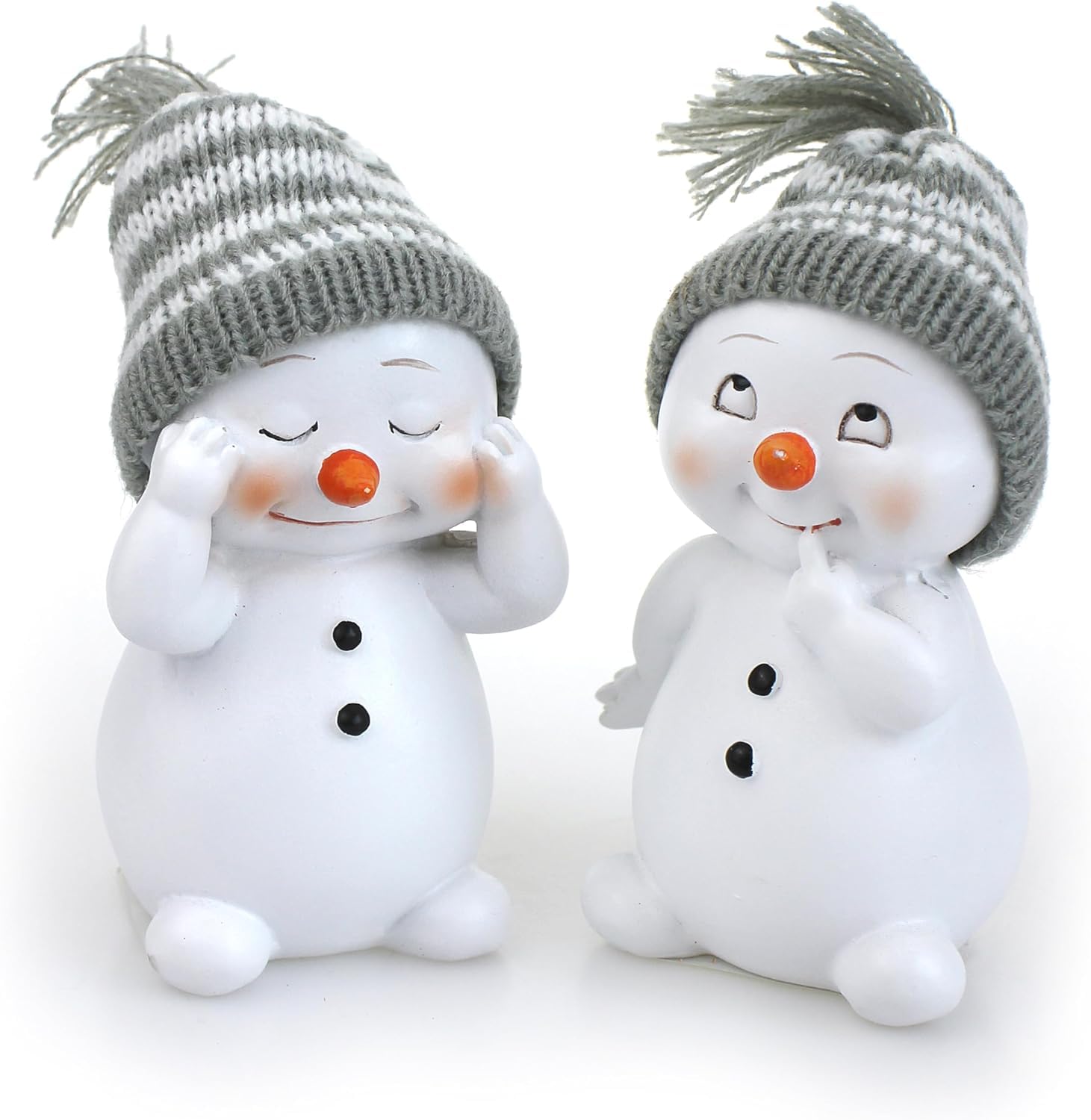 2X Deko Figur Schneemann im Set je 11 cm, Keramik weiß, Wintermütze Textil Wolle grau, Keramikfigur Dekofigur Winter Weihnachten