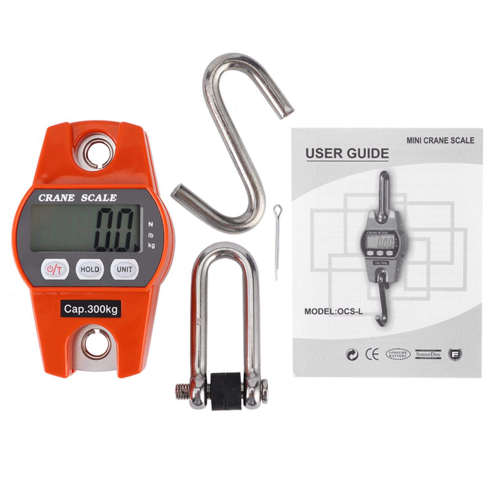 Mini báscula de mano para grúa con ganchos, mini báscula portátil con pantalla LCD digital, báscula para colgar, báscula eléctrica, 300 kg/600 lb, naranja para granja, caza