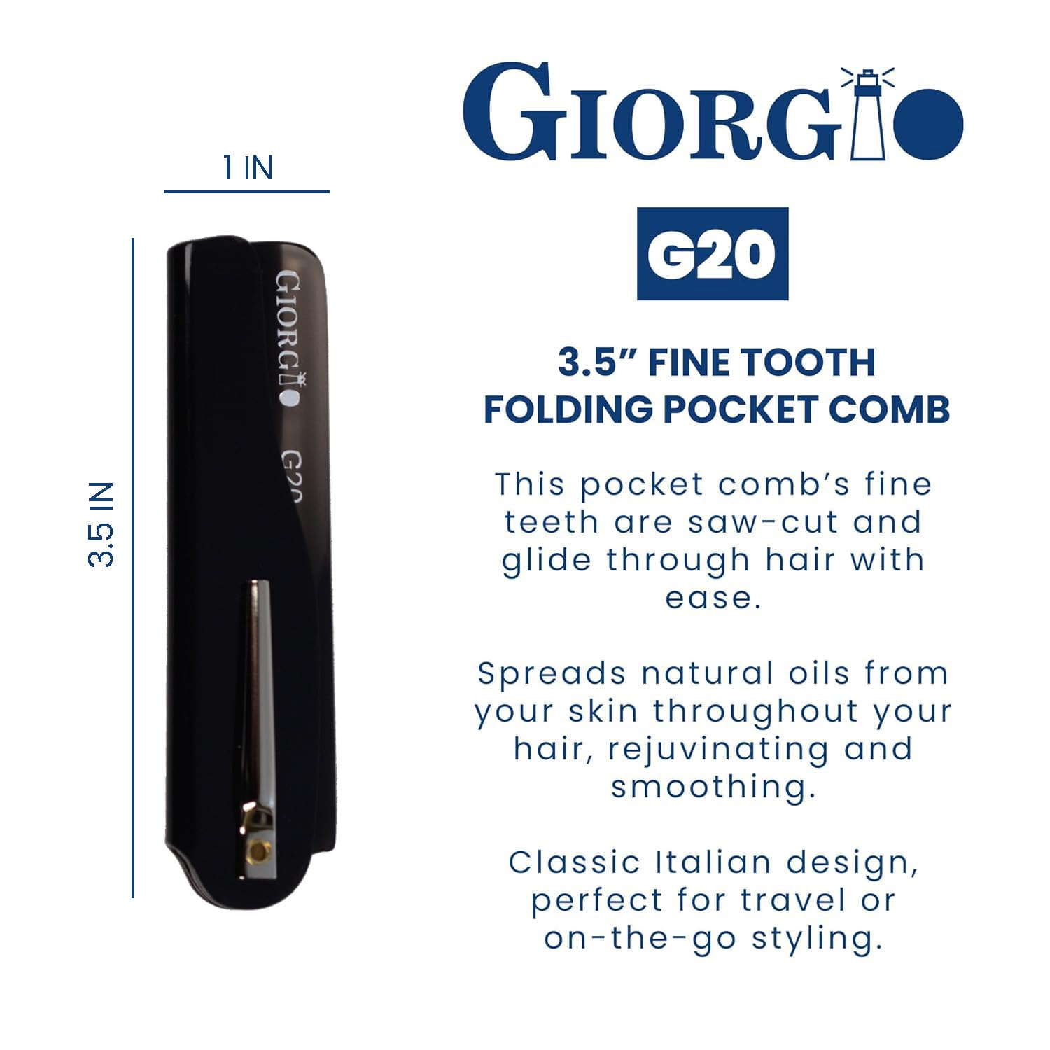 Giorgio G20G Fine Tooth Folding Mustache and Beard Comb - Small Pocket Comb for Everyday Hair Care and Styling - Sawcut and Hand Polished (Black Graphite) image 3