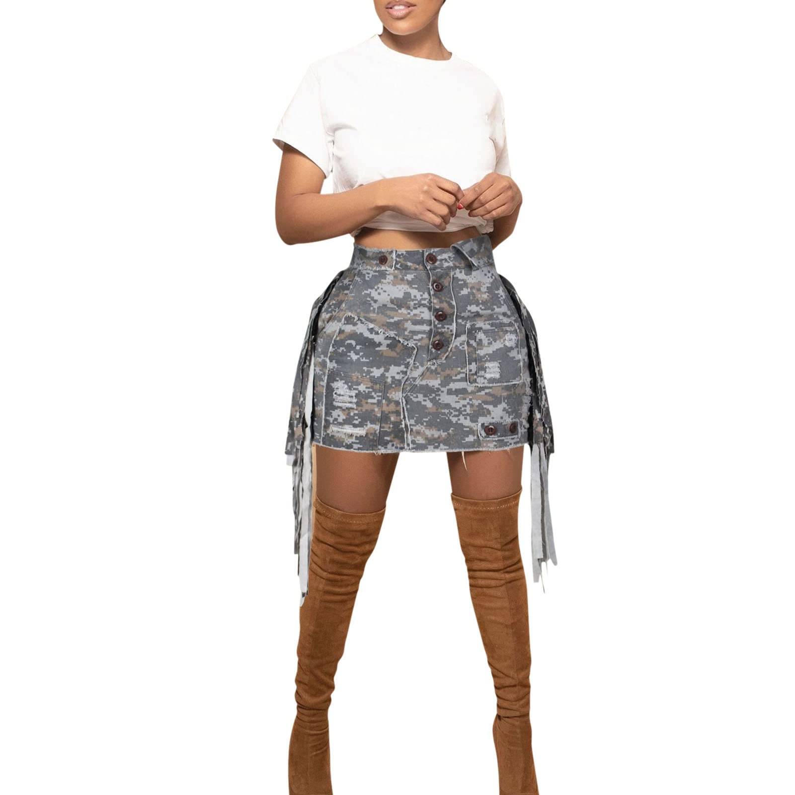 2026 Rock Damen Frauen Mode Camo Cargo Rock High Split Button Ripped Saum Camouflage Mini Röcke Mit Taschen