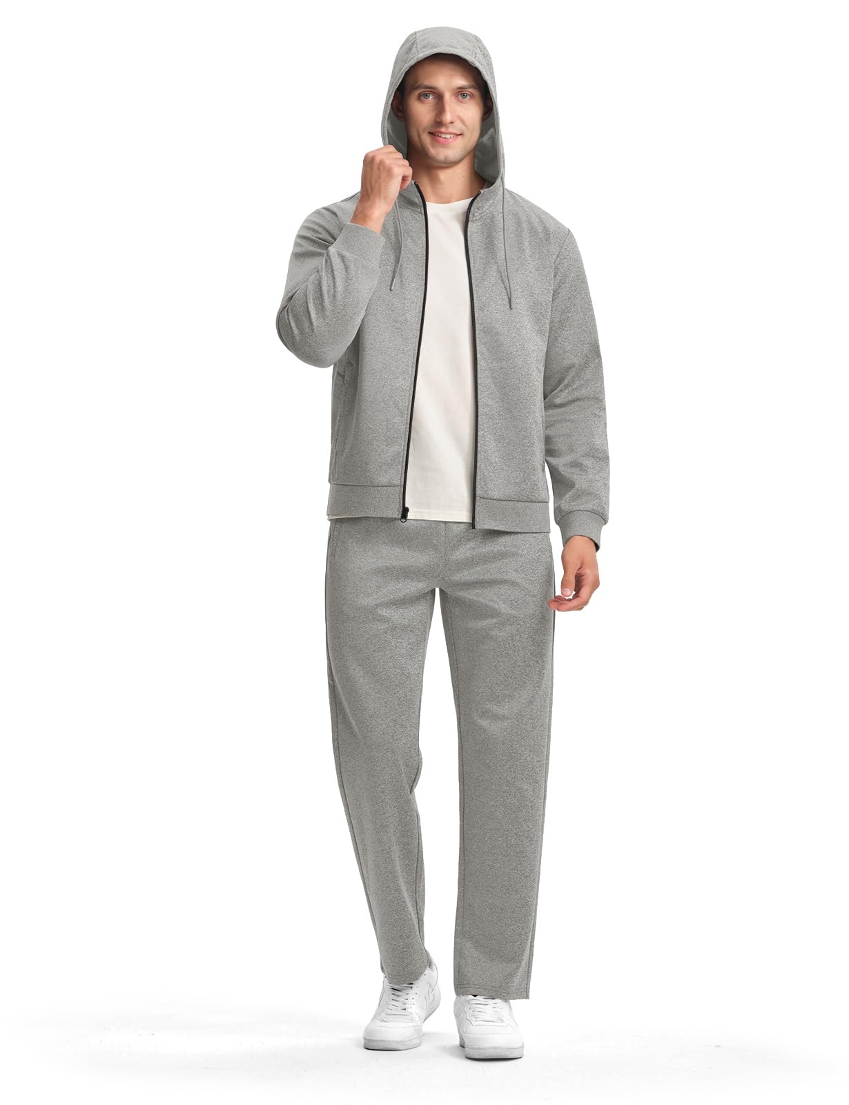 Gopune Tuta da uomo, set da 2 pezzi, con cappuccio, zip intera, per atletica, jogging, a maniche lunghe, abbigliamento sportivo casual