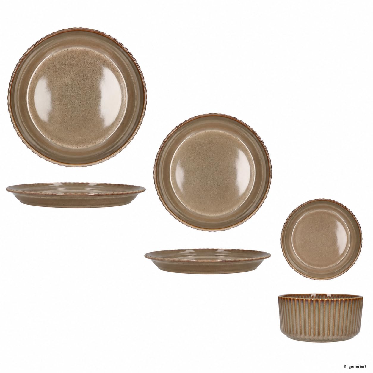 MamboCat Bistro Lot de 18 assiettes I 6 personnes I Service de table de dîner marron avec aspect rétro I 6 assiettes plates, bols à bol et assiettes à gâteau I Faïence