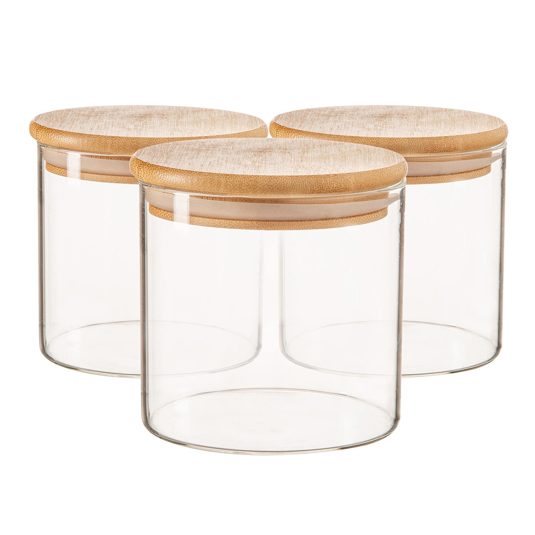 Scandi Storage Jars with Wooden Lids - 550ml - 3 Pack - Modern Round Organisation Container Glass Jar for Kitchens, Pantry, Bathrooms, Utility Rooms