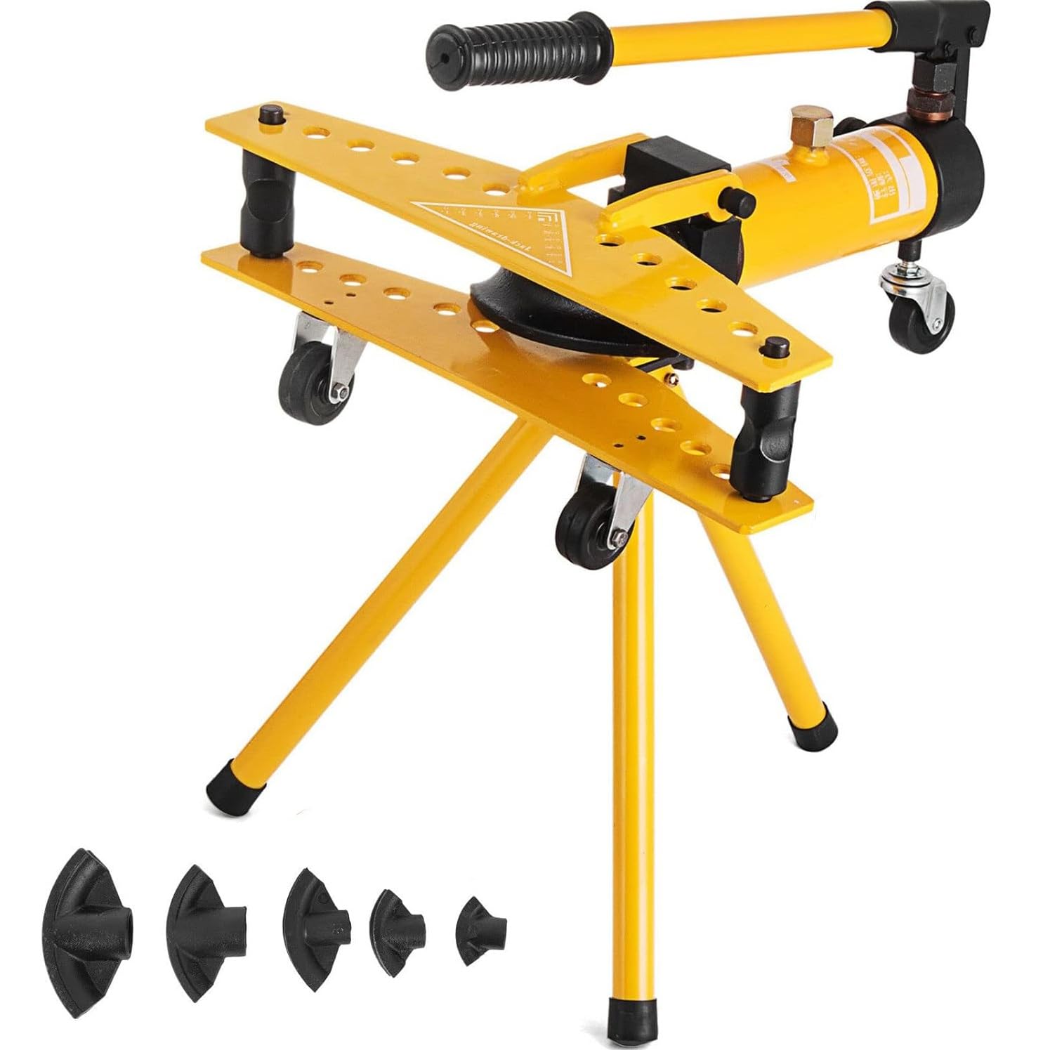 Esta dobladora de Tubos hidráulica Manual, de 10 toneladas, con 6 Matrices y Soporte de trípode, de Dos velocidades, es para Tubos metálicos de 13 a 34 mm.