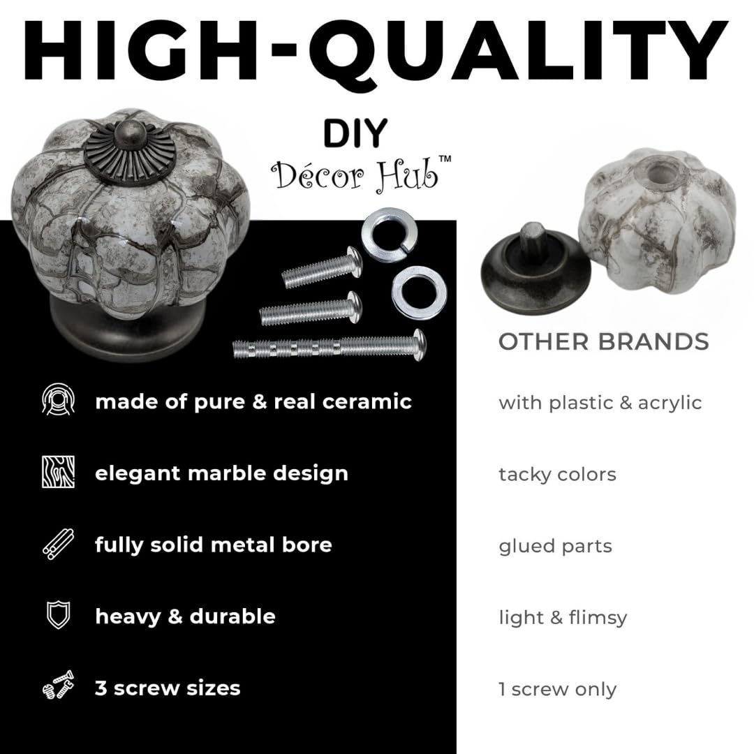 DIY Décor Hub - Pomos de gabinete de calabaza, pomos de plata antigua y cerámica, 20 pomos antiguos para gabinetes, manijas para armarios y cajones, orificio de metal sólido, gris plateado, 1.5