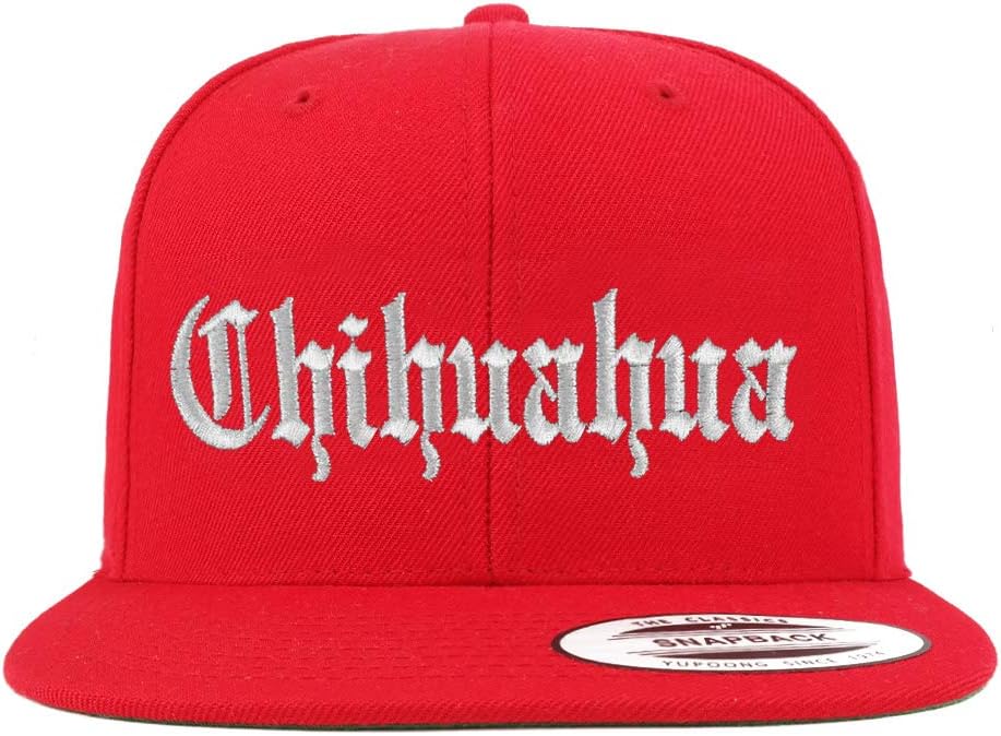 Trendy Apparel Shop Old English Chihuahua White Embroidered Flatbill Snapback Baseball Cap