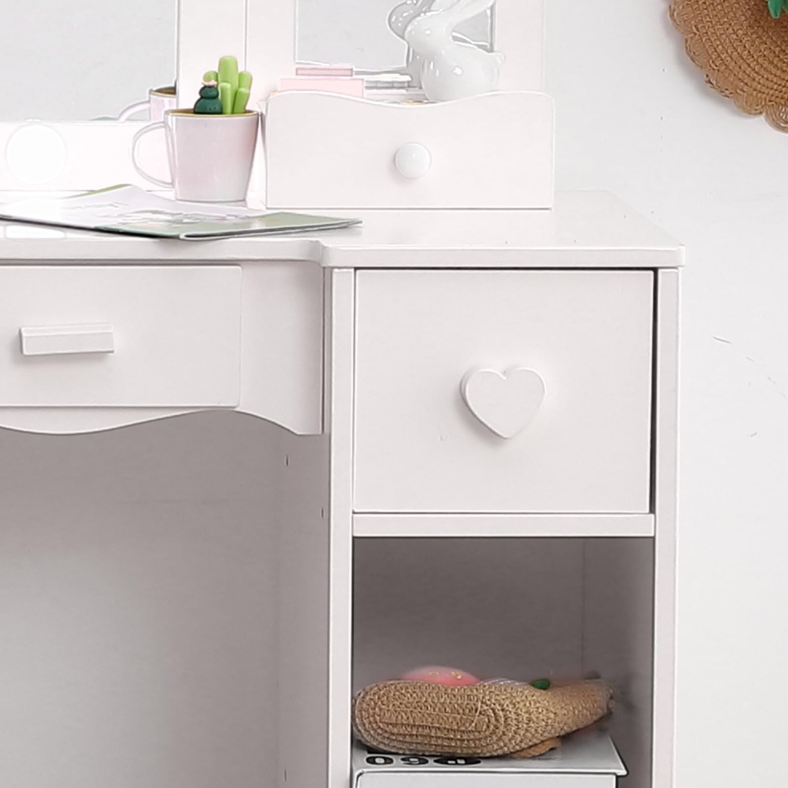 GarveeHome Tocador Infantil de Madera con Espejo LED y Taburete – Mesa de Maquillaje Blanca escandinava para niñas, 5 cajones y 4 Compartimentos Abiertos, Dormitorio o Zona de Juegos – Color Blanco