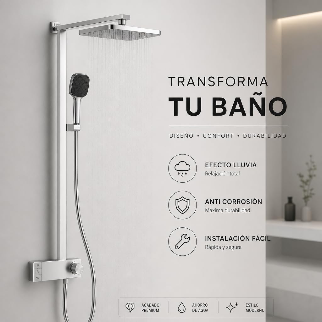 INEX EUROPA Columna de Ducha Negro Gris Titanio Premium Acero Inoxidable 10 Años Garantía - Columna Ducha Cuadrada Efecto Lluvia 3 Modos de Operación - Torre de Ducha 137cm Negro Gris Titanio