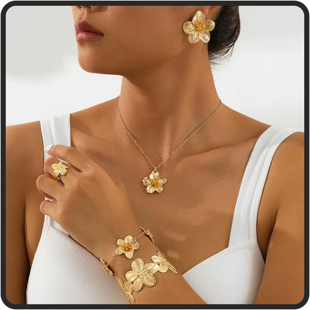 Gold Flower Jewelry Set For Women, 5 Pcs Chunky Golden Floral Pendant Necklace Bracelet Earrings Ring Set Statement Flower Jewelry Gifts For Beach Wedding