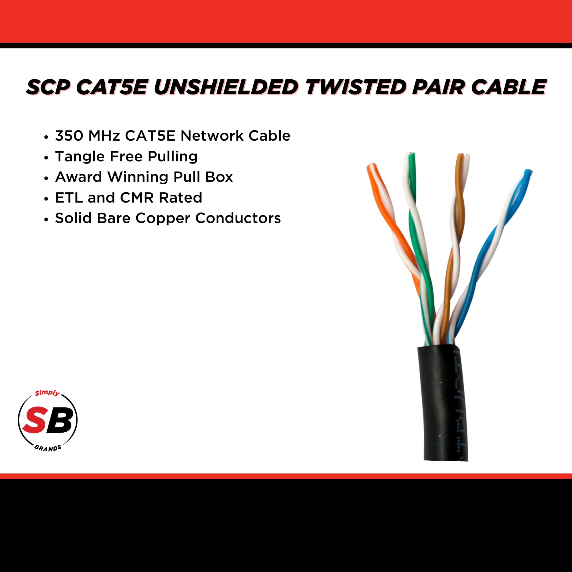 Simply45 SCP CAT5E 350 MHz 24 AWG Solid BC 4PR UTP, ANSI/TIA 568.2-D, CMR ETL, PVC JKT, nero, 300 m, CAT5E-BK-ETL