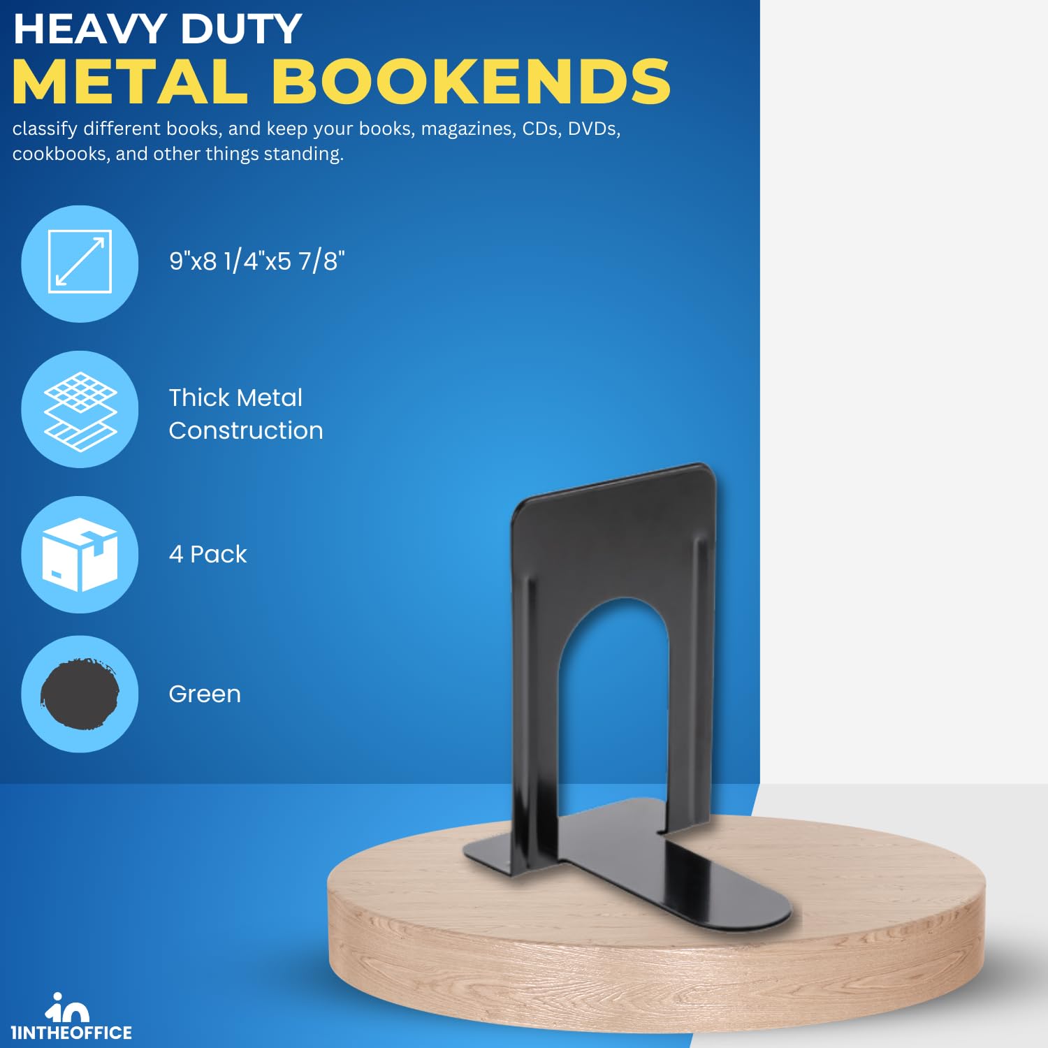 1InTheOffice Sujetalibros de metal, sujetalibros de metal resistente, sujetalibros de metal para estantes, sujetalibros negros, 8 1/4 pulgadas x 5 7/8 pulgadas x 9 pulgadas, paquete de 4