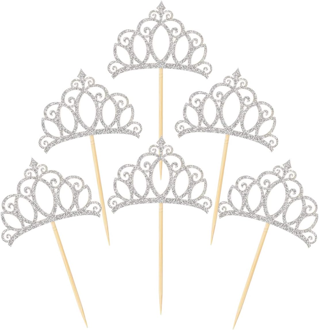 Donoter 48 Pieces Silver Glitter Princess Crown Cupcake Toppers Picks for Birthday Baby Shower Party Cake Decorations