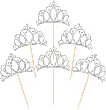 Donoter 48 Pieces Silver Glitter Princess Crown Cupcake Toppers Picks for Birthday Baby Shower Party Cake Decorations