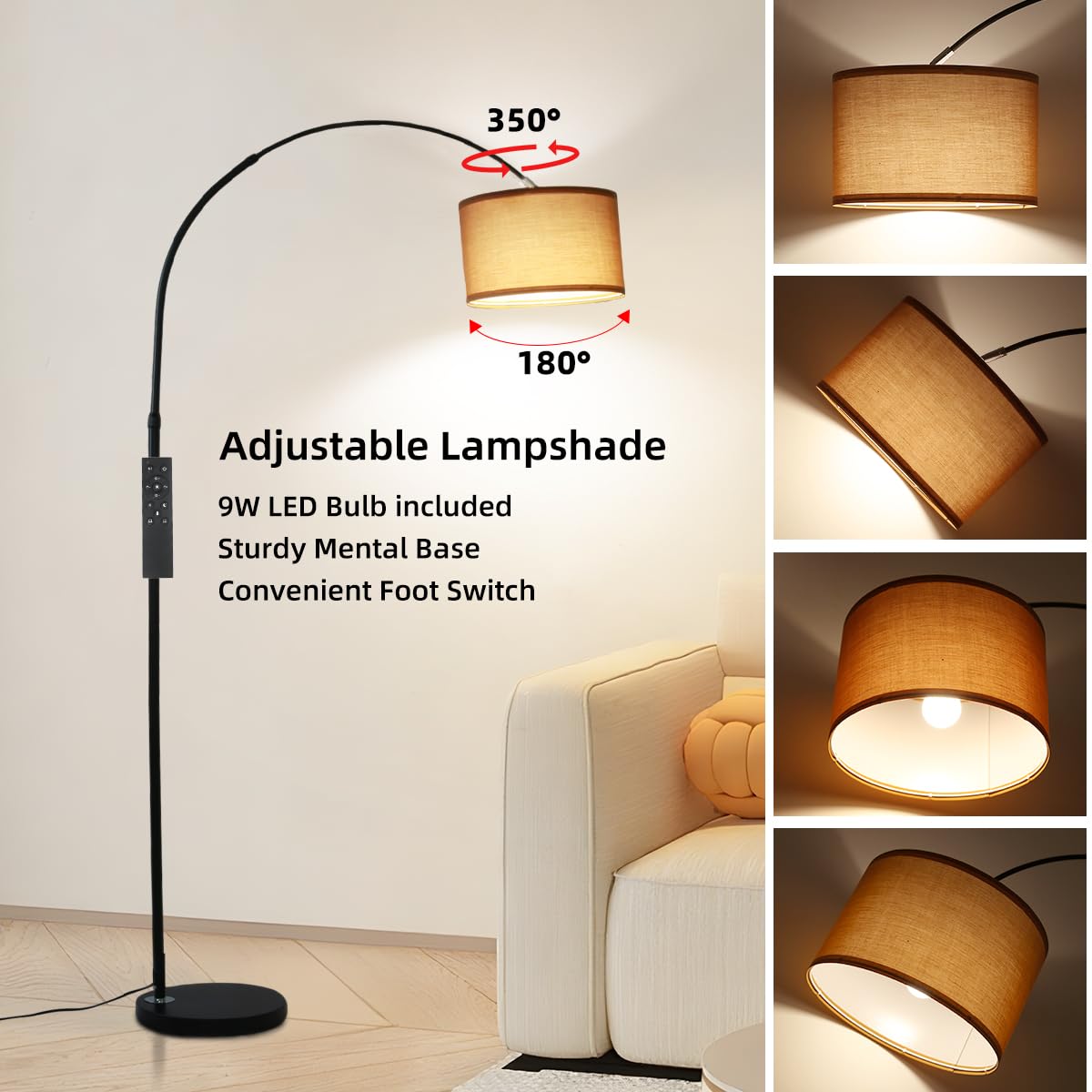ANTENLICHT AURA Lampada ad Arco con Telecomando | Lampada da Terra Dimmerabile | Con LED E27, Paralume in Lino 33 cm Marrone | Interruttore a Pedale | Design Vintage per Camera, Hotel