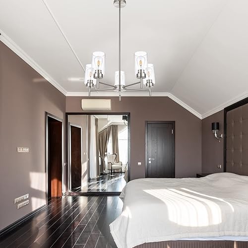 Miniatura 6 de Candelabro de granja de 5 luces para comedor, isla de cocina, modernos candelabros colgantes de níquel cepillado con pantallas de vidrio