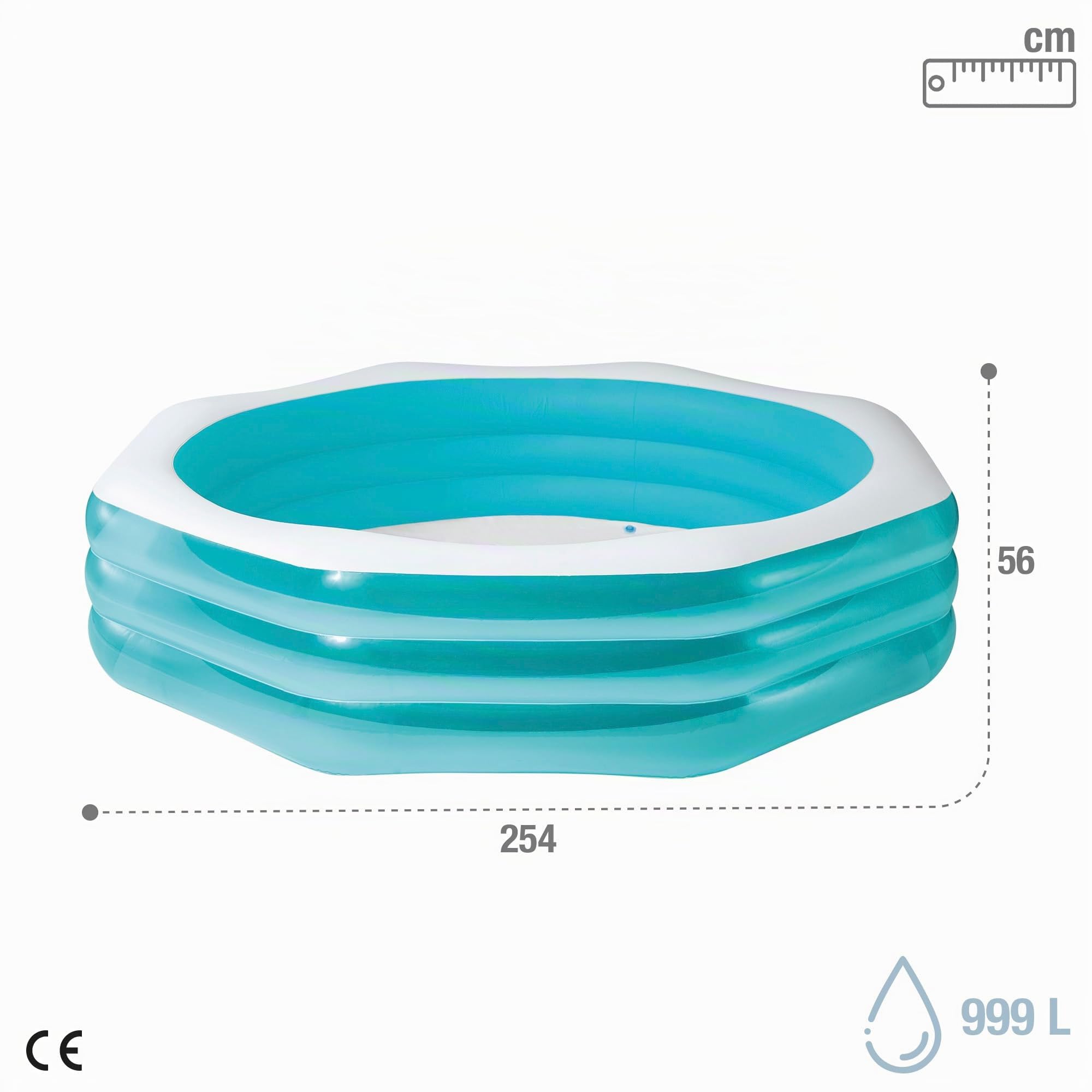 Intex Piscina Hinchable Familiar, Forma Octogonal, 254x254x56 cm, 999 litros, De Vinilo Resistente, 3 cámaras de Aire, Tapón desagüe, Incluye Parche reparación, Piscinas para niños, +6 años (58492)
