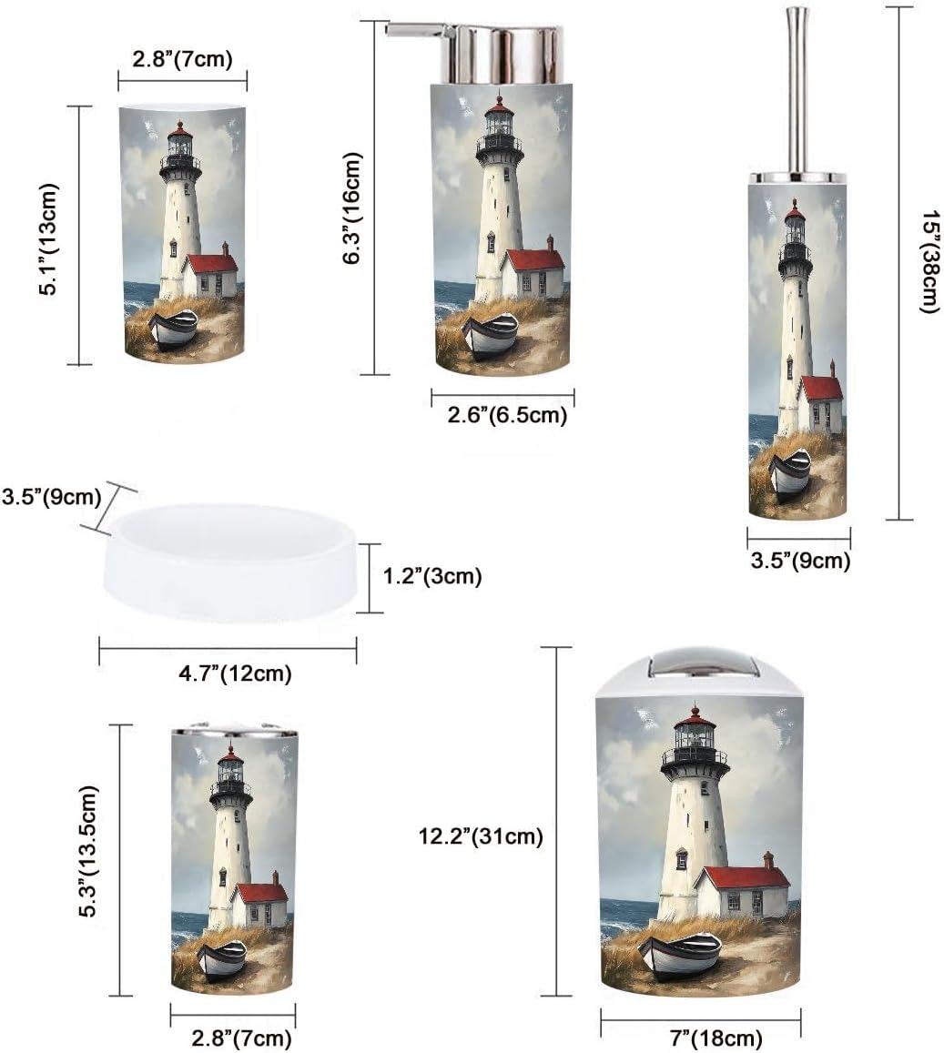 Bathroom Accessories Set 6 Pcs Lighthouse Boat Cabin Beach Coastal Red Roof Cottage Wooden Rowboat Toothbrush Holder Cup Soap Dispenser Soap Dish Toilet Brush Holder Trash Can for Countertop Decor