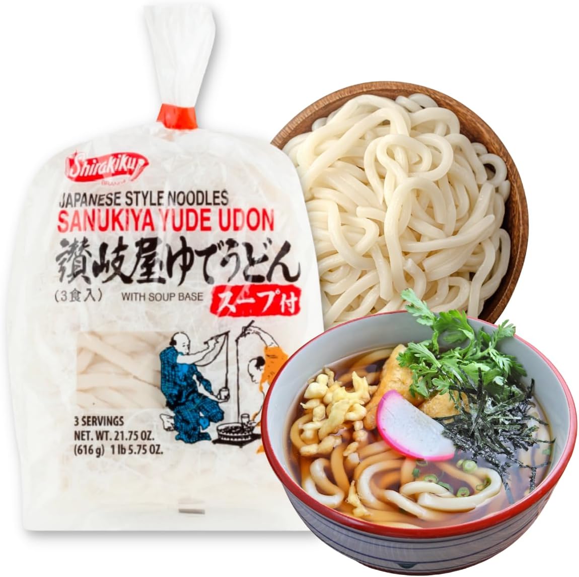 Japanese Style Fresh Sanukiya Jumbo Udon Noodles, with Soup Base, Chewy Noodle, 3 Individual Pack (3 Serving/22oz)