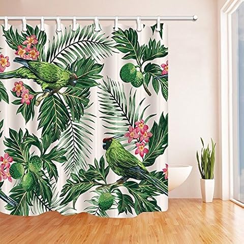 Nyngei Green Plants Shower Curtains Exotic Tropical Pattern with Leaves Fruits Flowers and Birds Polyester Fabric Waterproof Bathroom Bath Curtain Shower Curtain Hooks Included 180X180CM Cover