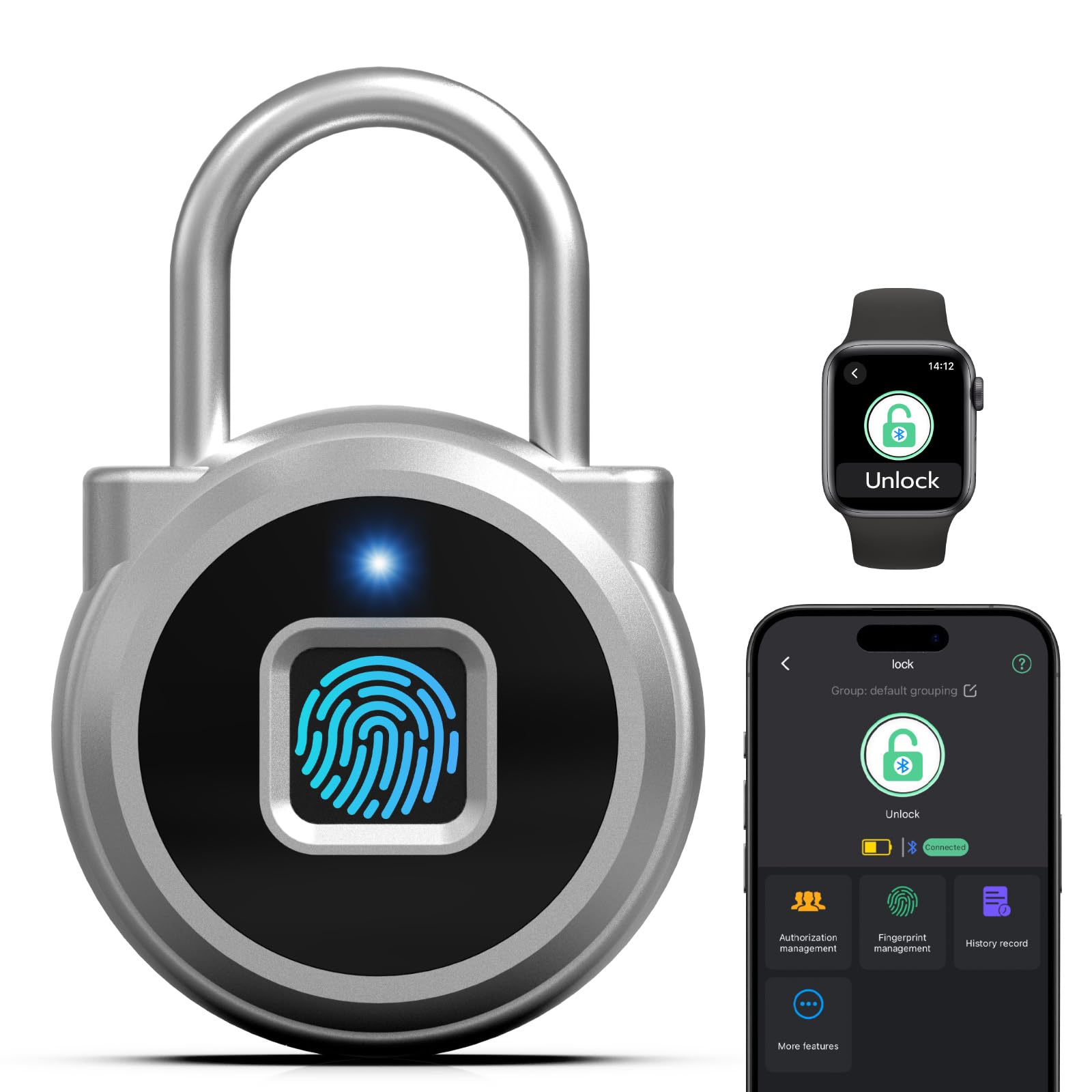 Fingerprint Padlock,Gym Locker Lock,Smart Padlock Bluetooth APP Control Biometric Lock for Gym Locker School Luggage Cabinet Fence Storage Silver
