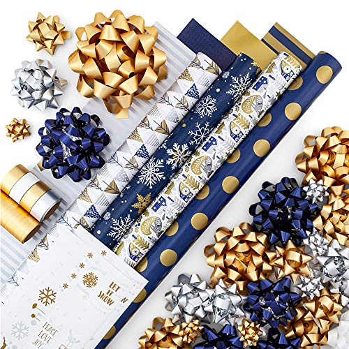 Gold + Silver + Blue Reversible Wrapping Paper Set: 4 Rolls (8 Designs) of Premium Gift Wrap (80 sq. ft.) with 30 Coordinated Bows, 2 Spools of Ribbon, and 24 Gift Tags