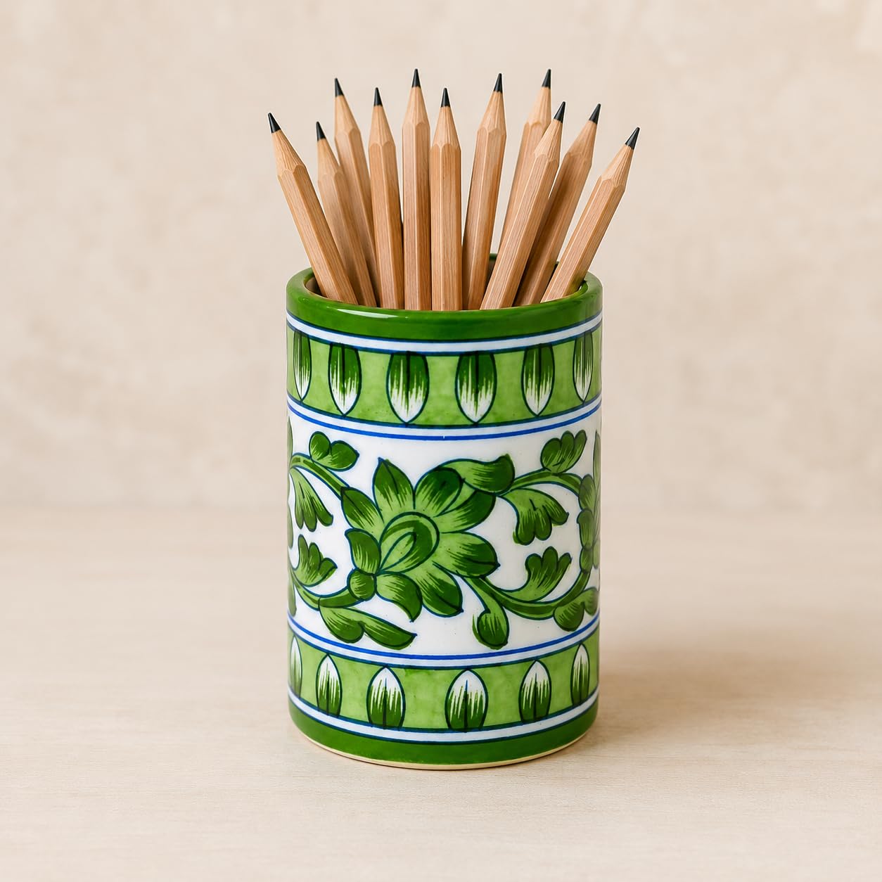THE Unltd India Pen Holder for Desk – Handmade Ceramic Desk organiser, Blue Pottery Desk Organiser & Brush Caddy- Office Gift for her & Him