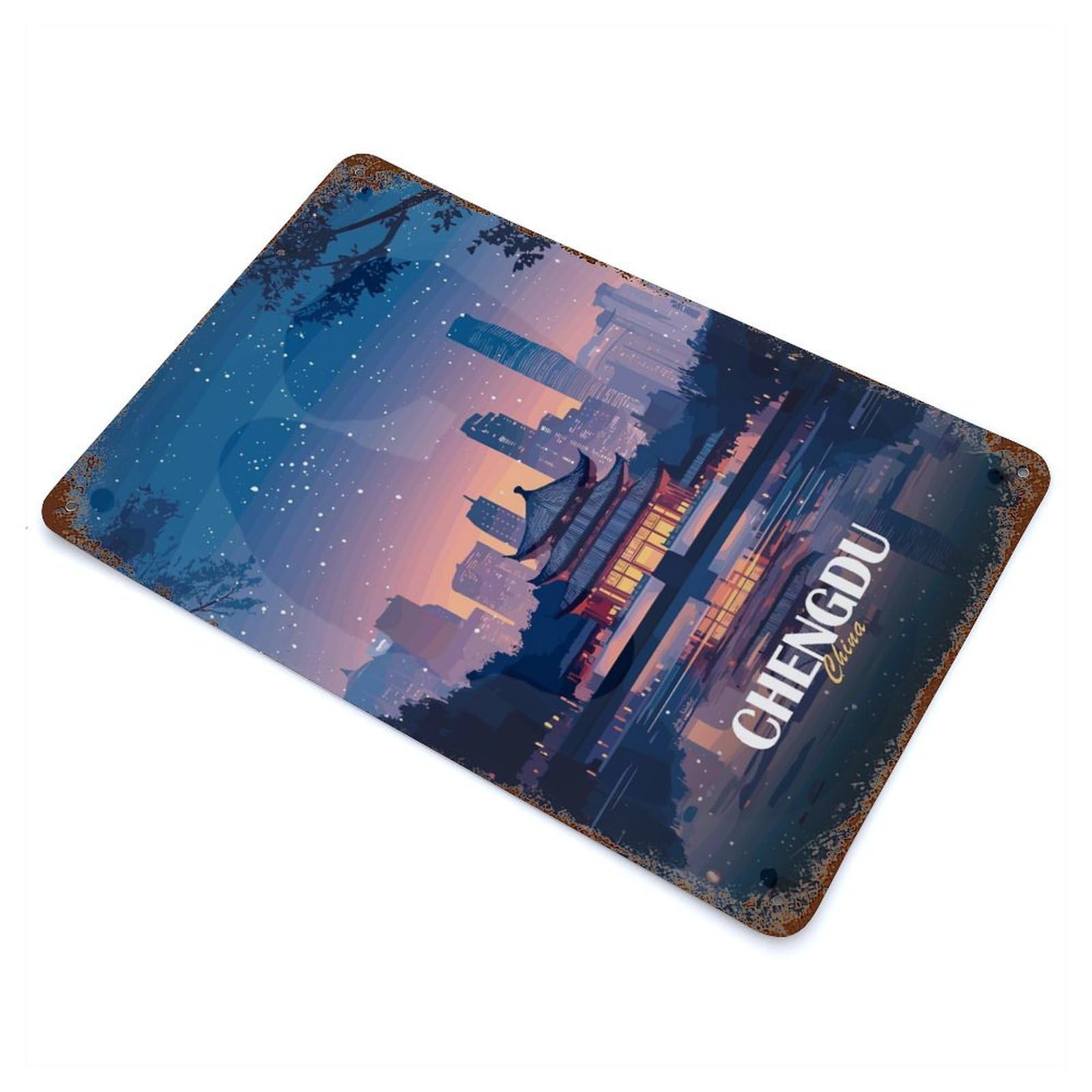 Chengdu China Cityscape at Night Vintage Metal Tin Sign 11.8"x7.9", Ideal for Patio, Garden Room And Bar Decor