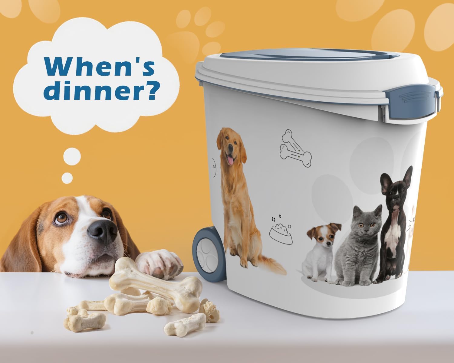 DRATO Pet Food Storage Container with Wheels Resin 30LB Capacity Dog Food Container with Slow Feeder Bowl and Scoop Easy to Move to Keep Food Fresh for Dogs, Cats, Birds