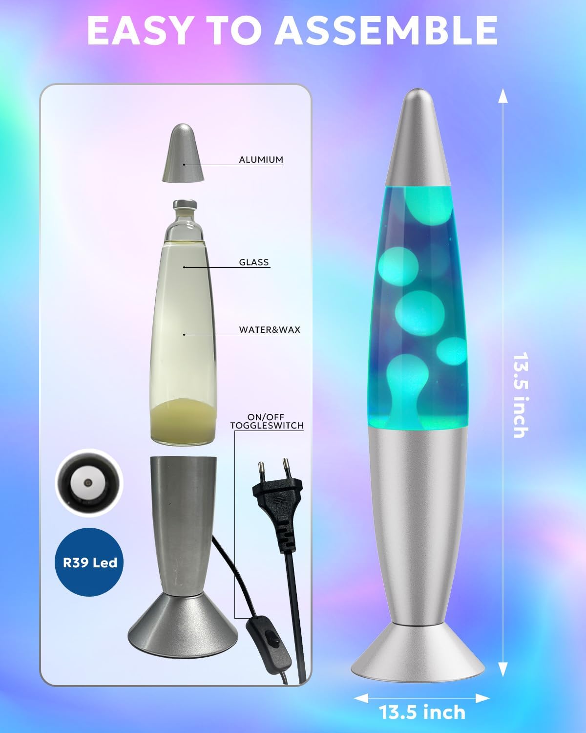 AONESY Lámpara de lava de 7 colores que cambian automáticamente: Lámpara de lava de 34 cm pequeña con cera blanca y líquido blanco | Lámparas de lava azul/rojo/verde | Lámpara de purpurina regalo de