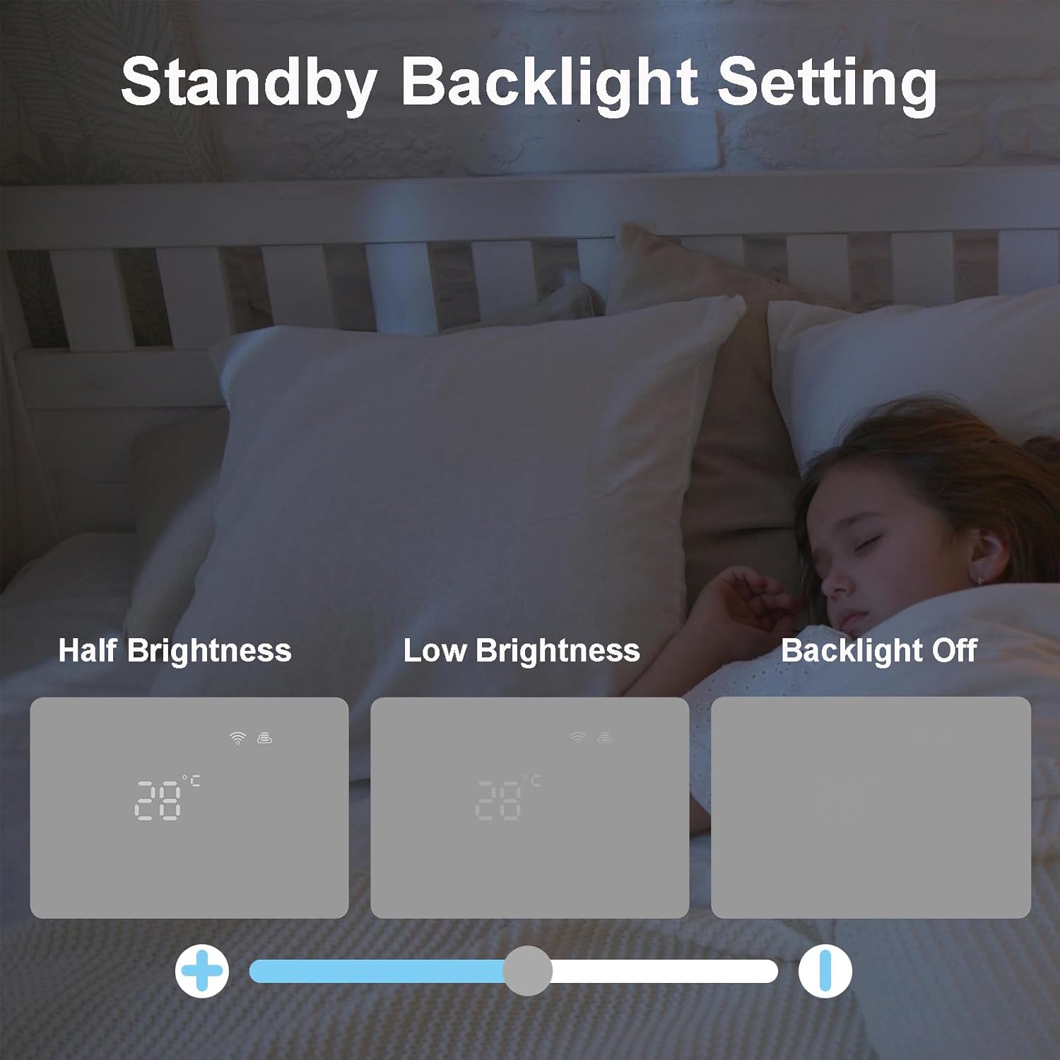 Three thermostat displays showing different backlight settings: Half Brightness, Low Brightness, and Backlight Off.