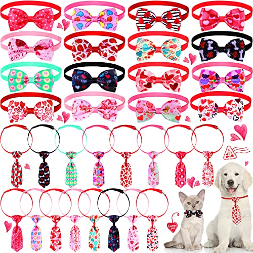 Frienda 32 Pieces Valentine's Day Pet Bow Tie & Necktie Set, 16 Adjustable Bow Ties & 16 Neckties in Multi-colored Hearts for Dogs & Cats