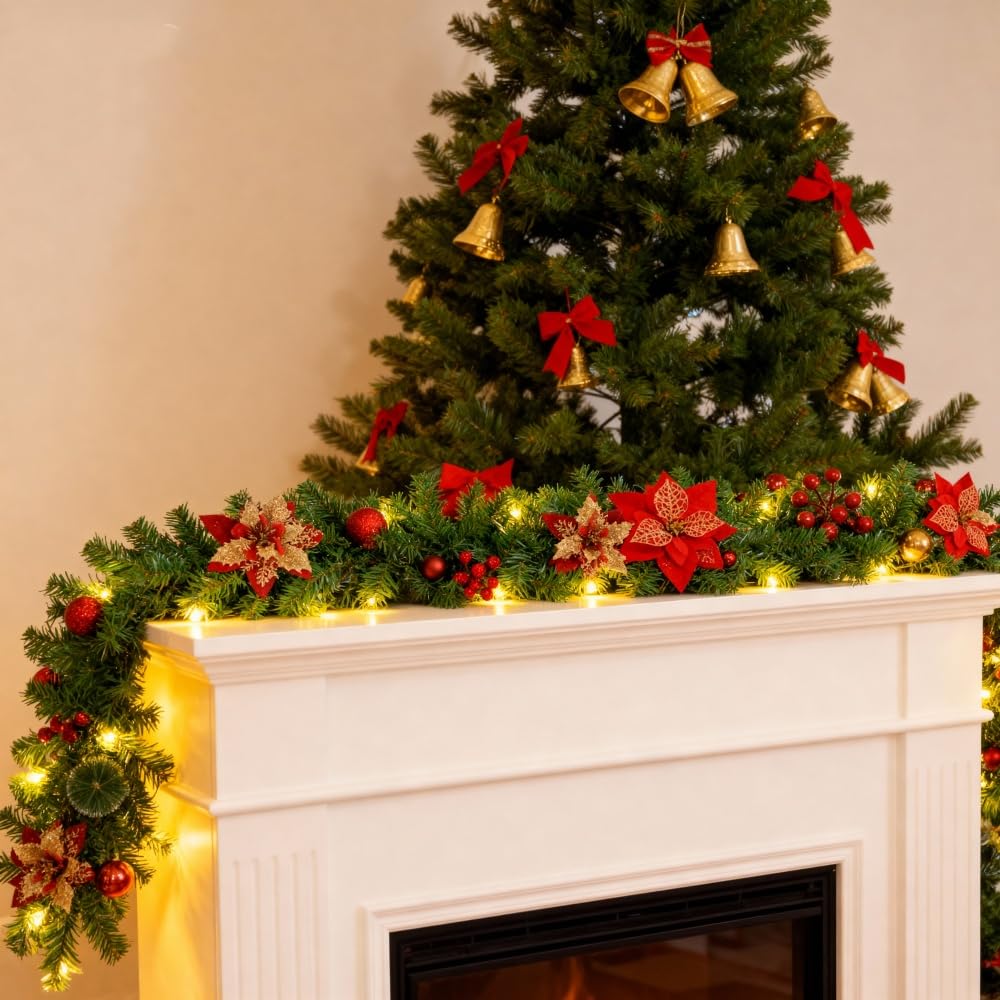 Guirnalda de Navidad 2,7M, 5M 30LEDs Guirnaldas Navideñas con Luces, Rojo Flores y Bolas, decoración navideña para Puertas, Ventanas, chimeneas, escaleras, Patio, Interior y Exterior
