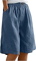 Women's Cotton Linen Bermuda Shorts Elastic Waist Wide Leg Loose Knee Length Summer Beach Casual Shorts