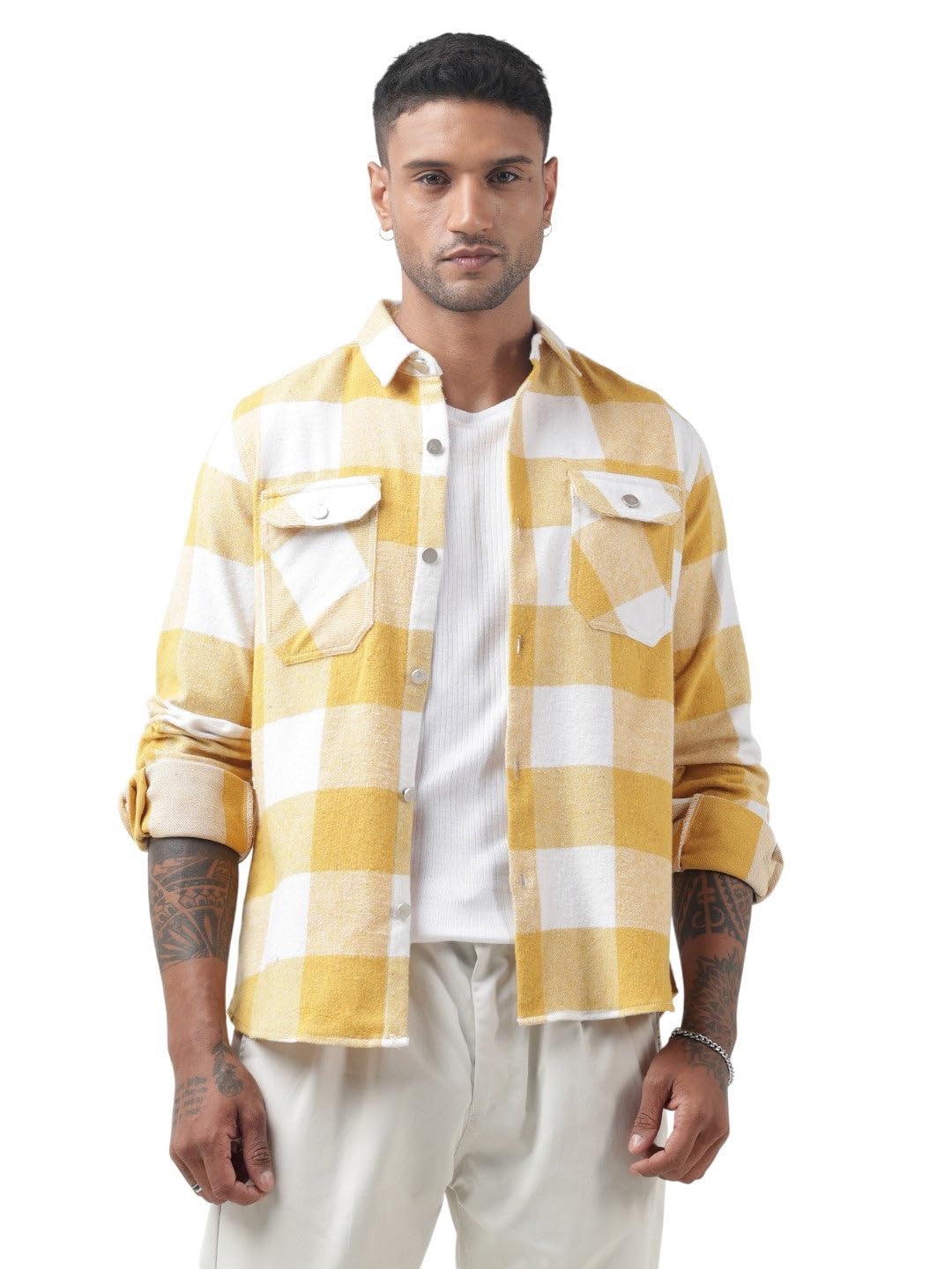 showoffff Edition Men's Checked Yellow Regular Fit Shacket with Chest Pockets-CULT-4826_Yellow-picture-28