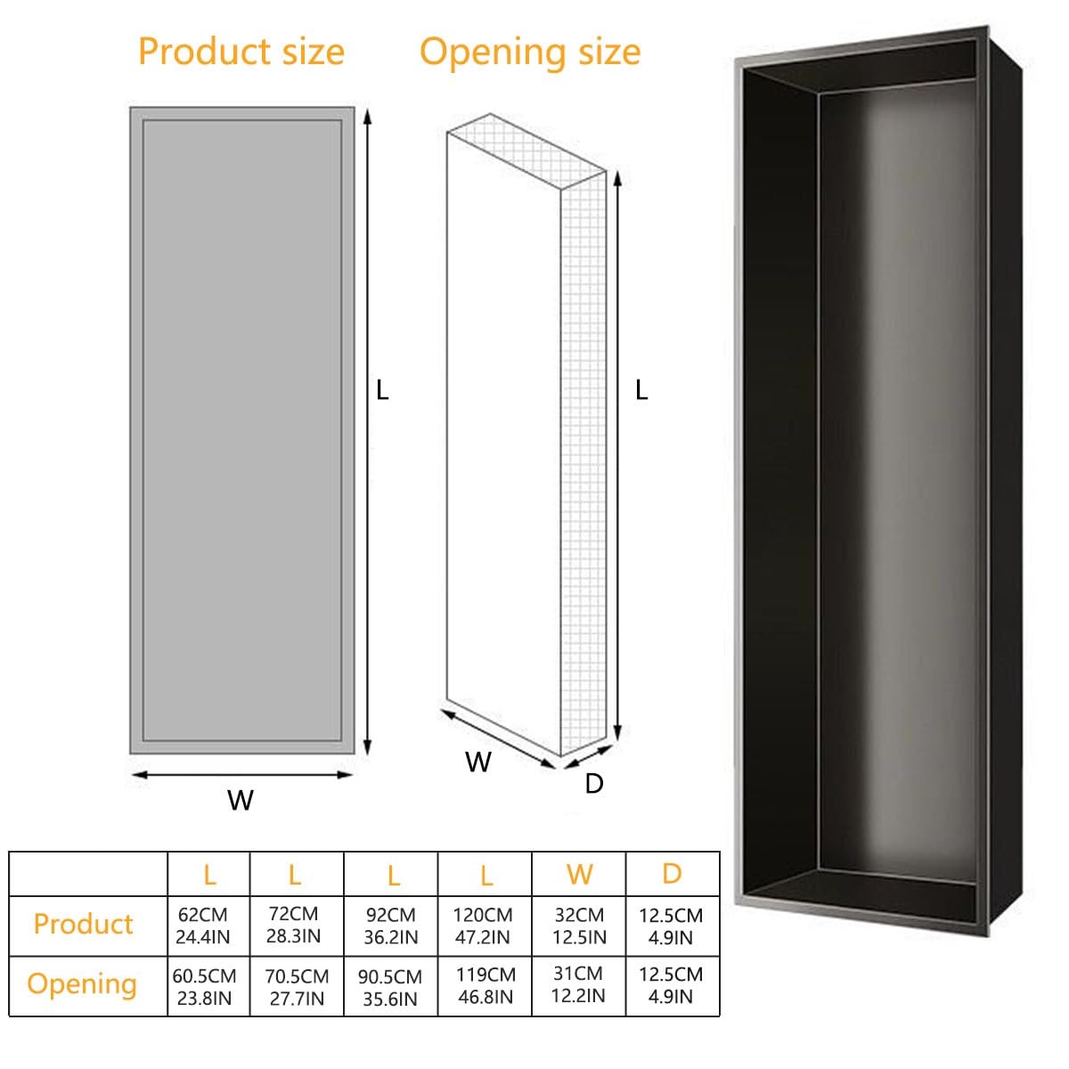 Nicho de pared de ducha empotrable LED, almacenamiento de baño de acero
