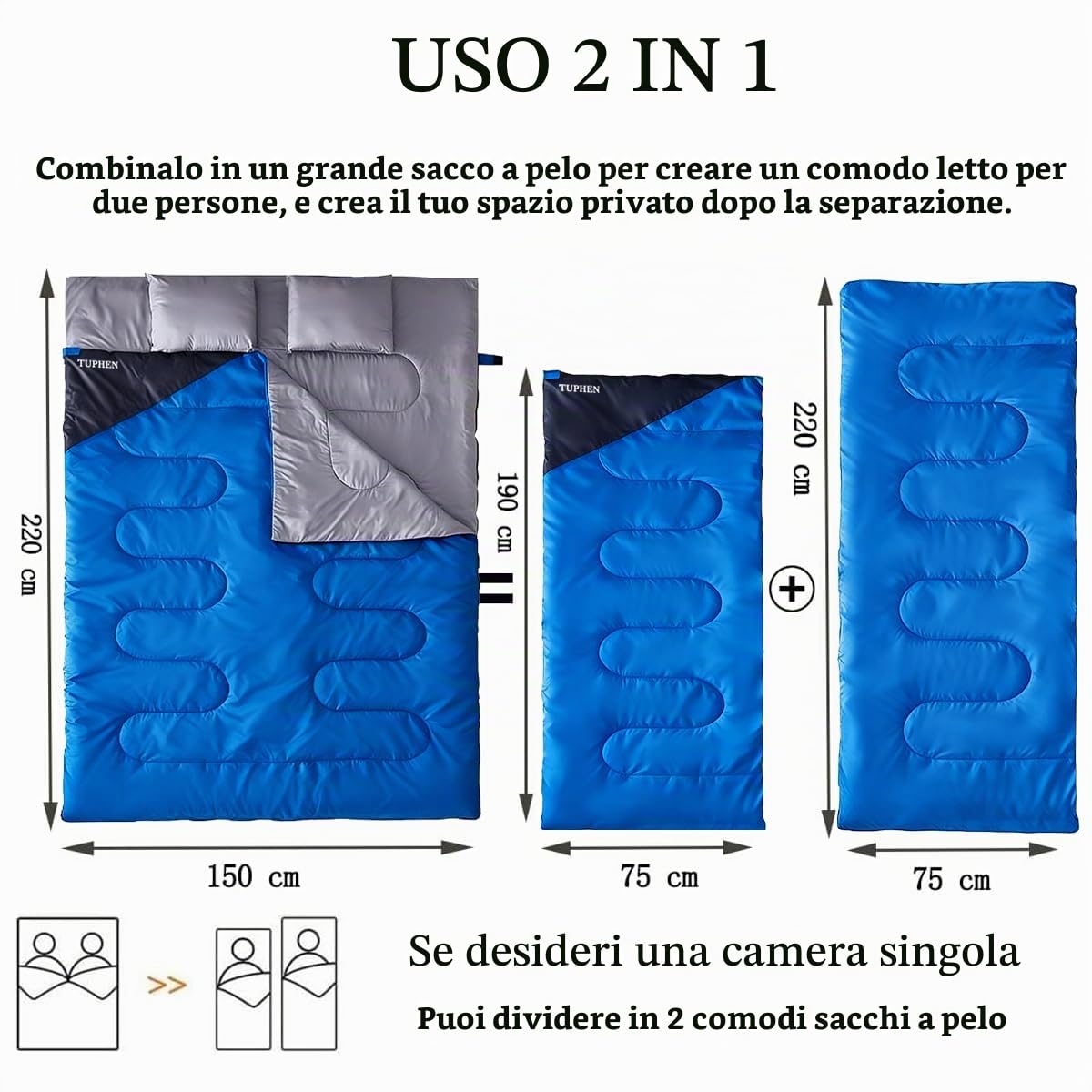 Sacco a pelo, 3-4 stagioni, sacco a pelo da campeggio, per adulti, bambini, ragazze e ragazzi, per escursioni, tempo freddo, attrezzatura da viaggio leggera e calda (blu grigio, matrimoniale, 220 x