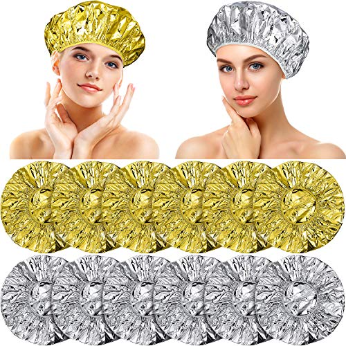 12 Pieces Aluminum Foil Deep Conditioning Caps Reusable Hair Processing Caps Hair Coloring Shower Caps for Home Salon Use (Golden, Silvery)