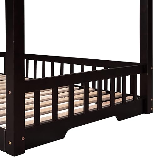 Miniatura 19 de Marco de cama de madera de tamaño individual con cama extragrande extensible, plataforma de suelo con techo y barandilla en forma de valla, no
