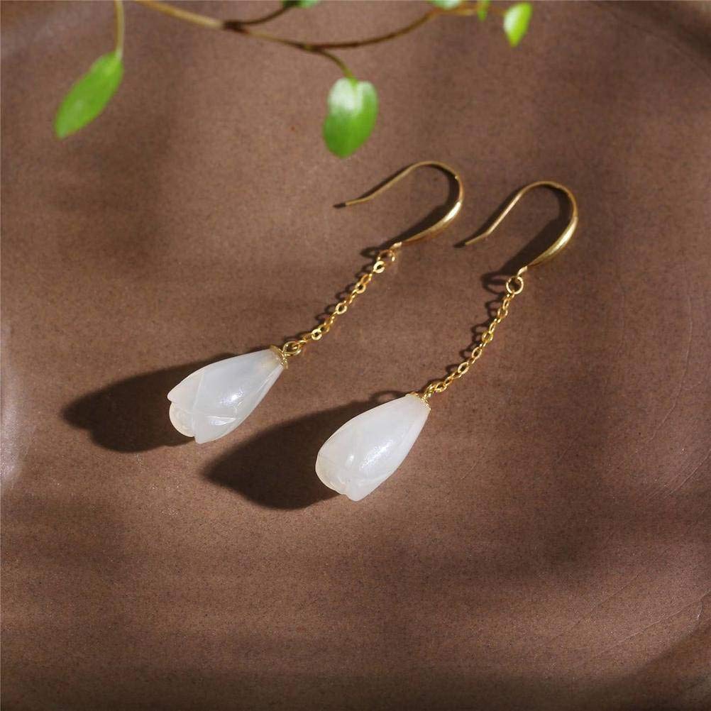WOZUIMEI Pendientes de Oreja Aretes para Mujer Moda Urbana Mujer Hecho a Mano Oro 18K Pendientes de Magnolia de Nefrita Naturalarete