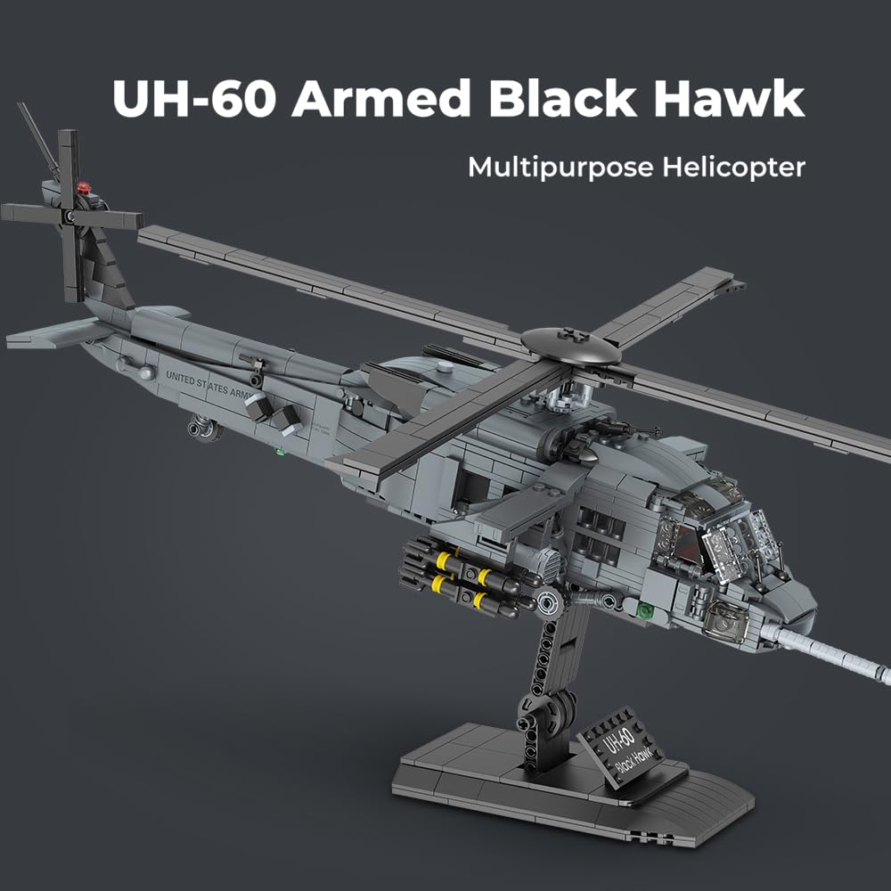 MISINI M8039 UH-60 Bewaffneter Black Hawk Hubschrauber Klemmbausteine Technik, 1377 Teile Militärserie Armee Spezialeinheiten Flugzeug, Mehrzweck- und Kampfhubschrauber Geschenk für erwachsene Sammler