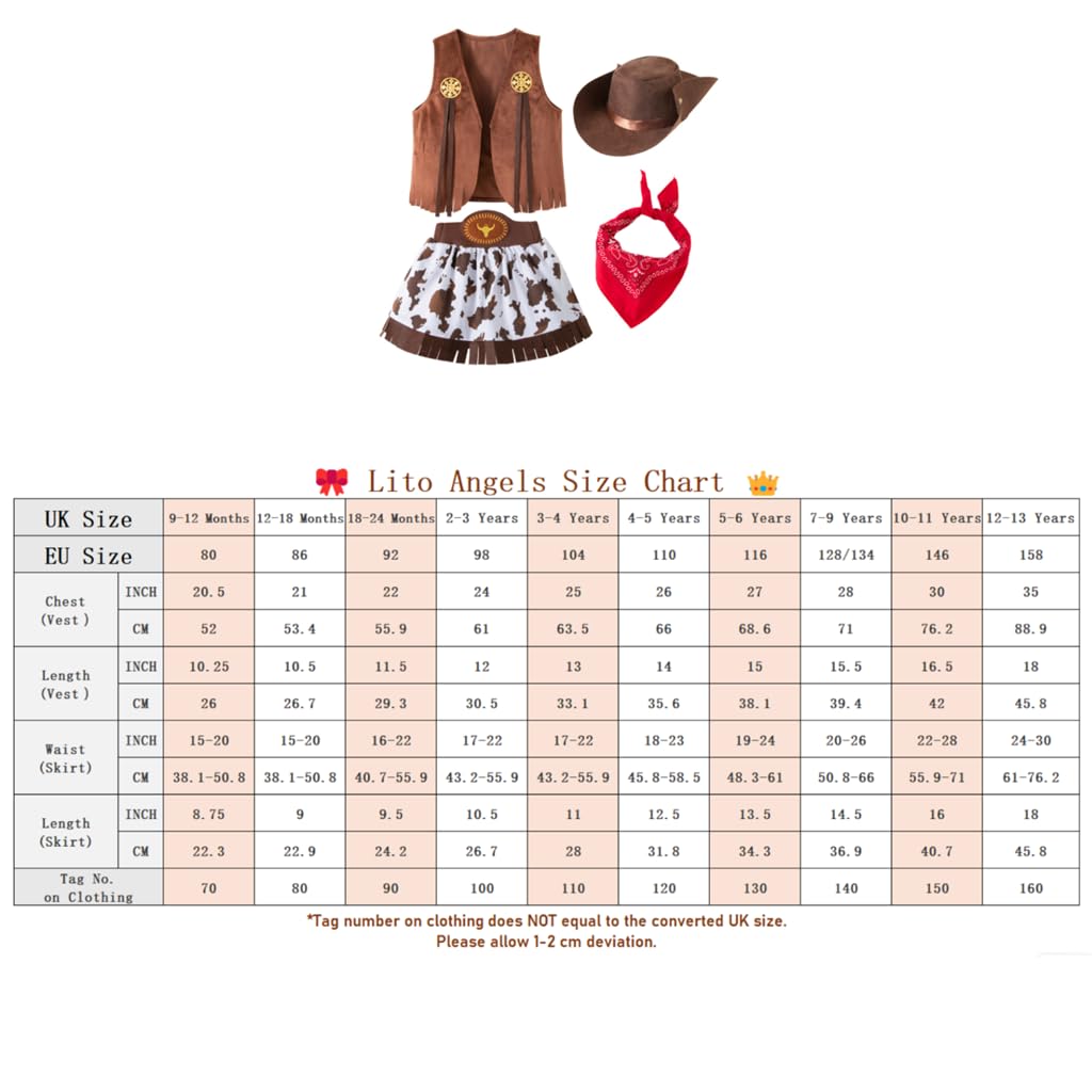 Lito Angels Deguisement Costume de Cowgirl avec Bandana, Gilet et Chapeau pour Enfants Filles, Brun