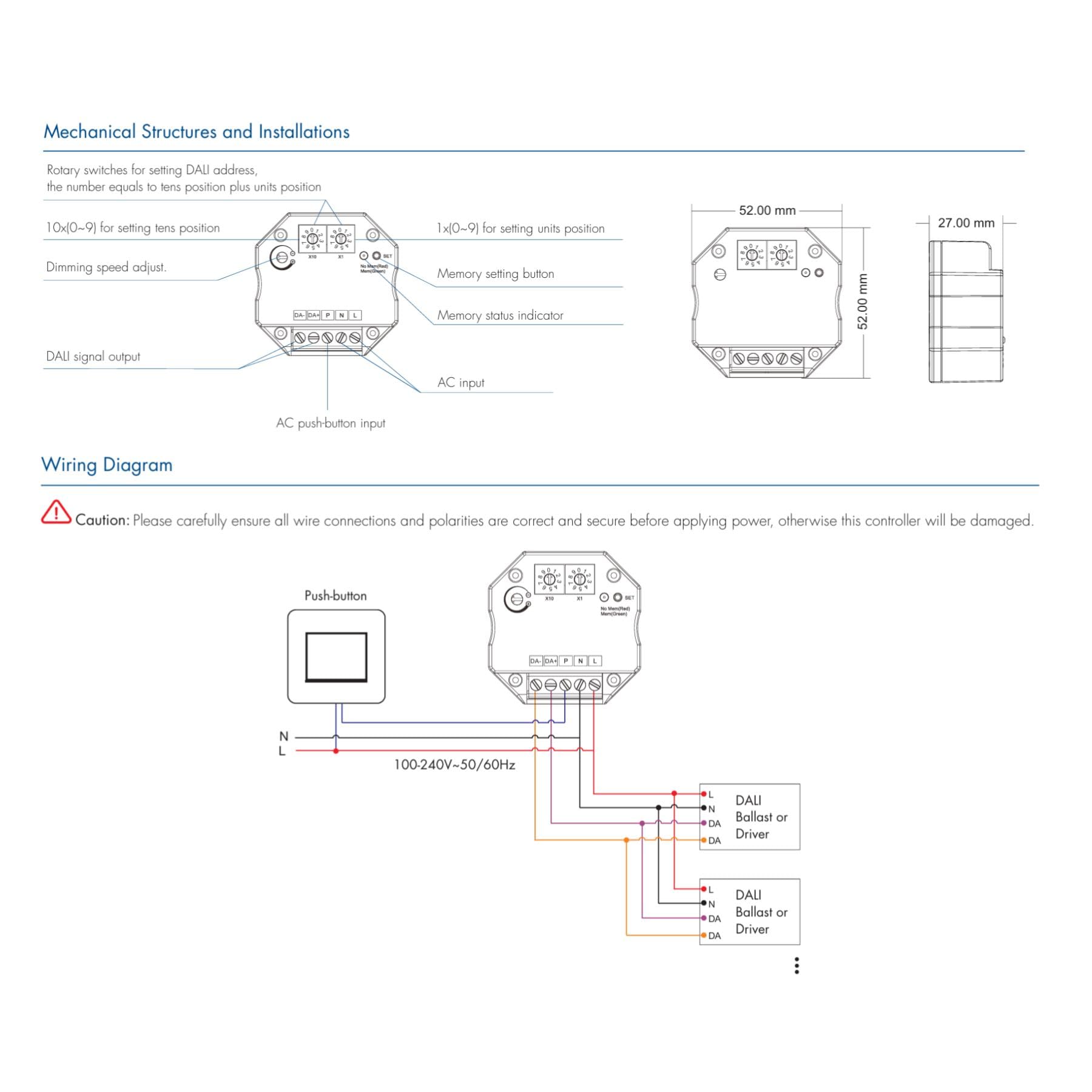 Dimmer Push DALI Master compact DA-P, alimentation bus 16 V CC 100 mA intégrée, entrée 220 V, unité de commande pour driver et ballast DALI2, contrôle avec bouton mémoire, unidirectionnel et diffusion