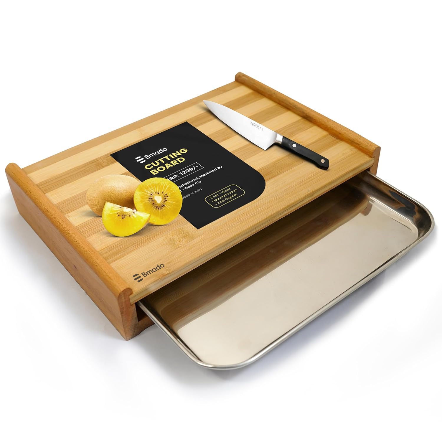 Bmado Bamboo Cutting Board with Stainless Steel Tray – (Large) Wooden Chopping Board with Pull-Out Sliding Drawer Container (35 x 25 x 5 cm) for Kitchen & Food Prep